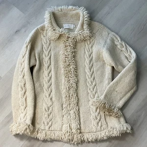 Vintage Amano beige Wolle Zopfmuster Damen Größe Large Reißverschluss Cardigan Pullover - Bild 1 von 11