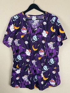 Halloween Hello Kitty Scrub Top Med Purple Night Fun Witch Cat Ghost Mummy 1140 - Picture 1 of 12