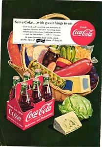 Coca Cola Print Ad Six Pack Carton Cokes & Food Picnic Basket Vintage c1951 - Picture 1 of 1