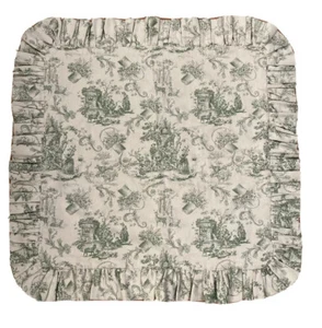 Green French Toile Designer Farbric Pillow Cover Sham Ruffled Edge Zipper Large - Picture 1 of 7