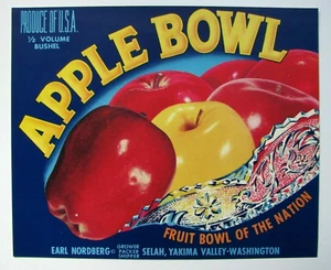 Original Apple Bowl half apple crate label Earl Nordberg Selah WA Yakima Valley - Picture 1 of 2