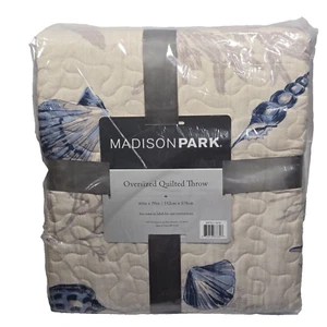 Madison Park Quilted Oversized Throw 60 x 70" 152x178cm Cream and Blue Seashell - Picture 1 of 5