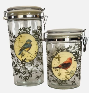 VTG 2 Canisters Oval Glass Jars Hinged Lid Bird 11 1/2" 8 1/2” French Country G3 - Picture 1 of 6
