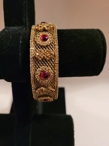 Gold Toned Estate Bracelet With Red Stones, Antique Look - Picture 1 of 4