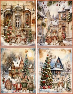 HOLIDAY CHRISTMAS BUNNY RABBIT VILLAGE WATERCOLOR 8 BLANK CARD RED ENVELOPE - Picture 1 of 3