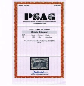 EXCELLENT GENUINE SCOTT #240 USED 1893 COLUMBIAN PSAG CERT GRADED F-VF 75 #20310 - Picture 1 of 3