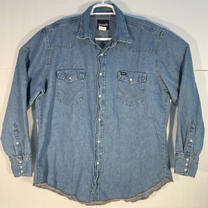 Vtg Wrangler Cotton Denim Pearl Snap Long Sleeve Western Ranch Shirt Mens XL - Imagen 1 de 5