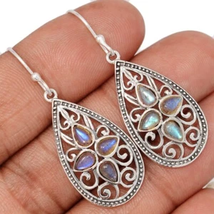 Handwork - Natural Labradorite - Madagascar 925 Silver Earrings Jewelry CE49474 - Picture 1 of 1