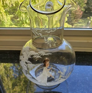 Antique Hand Blown Mary Gregory Hand-blown Glass Water Pitcher White Snow Scene - Picture 1 of 21