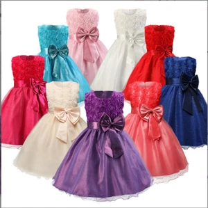 Flower Girls Bridesmaid Dress Baby Kids Party Lace Bow Wedding Dresses Princess - Picture 1 of 20