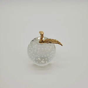 Vintage Glass Apple Paperweight Clear with Controlled Bubbles Brass Leaf Stem  - Picture 1 of 7