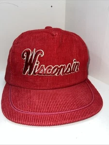 Vintage 80er Wisconsin Badgers NCAA College rot Cord Druckknopflasche Mütze Young An - Bild 1 von 11