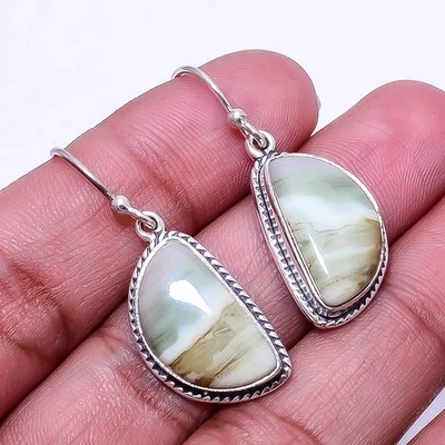 Natural Serpentine 925 Sterling Silver Handmade Earring 1.37" E, Christmas Gift - Image 1 of 4