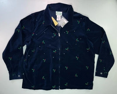 Quacker Factory Jacket Holly Berry Velour Rhinestone Womens 1X Full Zip New - Image 1 of 4