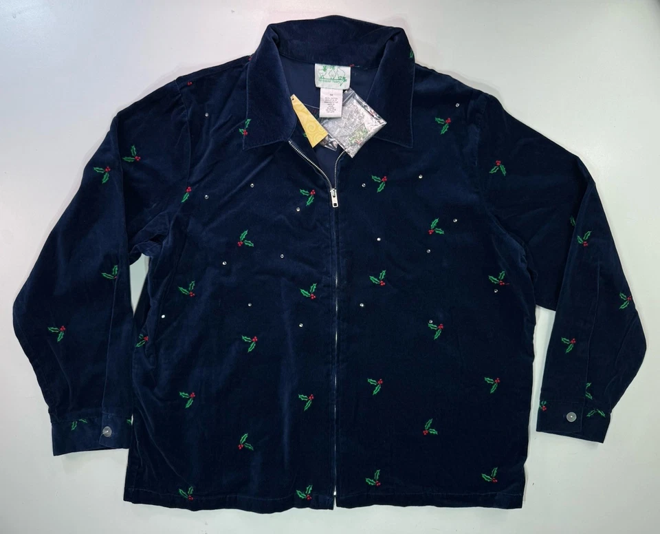 Quacker Factory Jacket Holly Berry Velour Rhinestone Womens 1X Full Zip New - Image 1 of 4