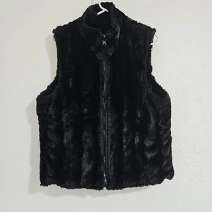 Womens Black Full Zip Faux Fur REVERSIBLE Vest Sz Lg Mob Wife    Boho Hippie  - Picture 1 of 8