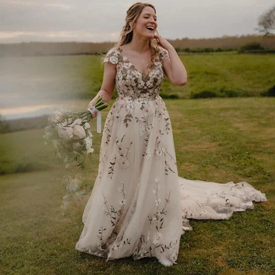 Plus Size A-Line Wedding Dresses V-Neck Cap Sleeves Lace 3D Flowers Bridal Gowns - Image 1 of 4