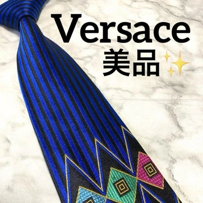 GIANNI VERSACE Hombres 100% Seda Corbata Azul-Negro Rayas Patrón Geométrico - Imagen 1 de 4