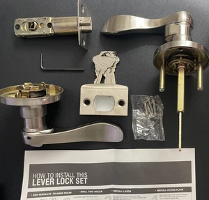 Satin Nickel Lever Door Lock Set Handle Keyed Entry Privacy Bed Bath - Picture 1 of 7