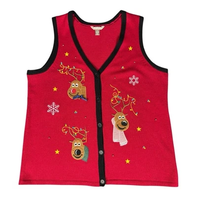 Chaleco Suéter Tejido Ciervo Reno Blanco Con Campanas Navidad Mujer’s 2XL Abotonado Foto 1 de 4