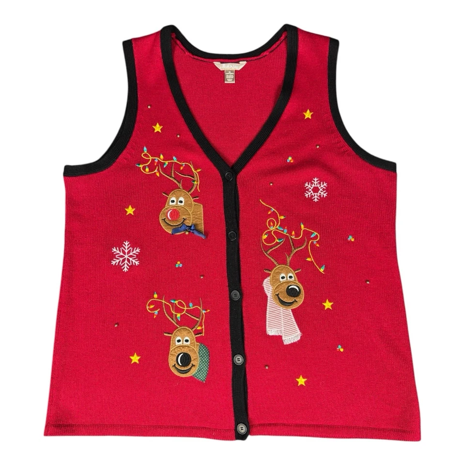 Chaleco Suéter Tejido Ciervo Reno Blanco Con Campanas Navidad Mujer’s 2XL Abotonado Foto 1 de 4