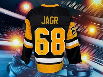 JAROMIR JAGR AUTOGRAFIADO PERSONALIZADO PITTSBURGH PENGUINS CAMISETA NEGRA CERTIFICADO DE AUTENTICIDAD BECKETT Foto 1 de 3
