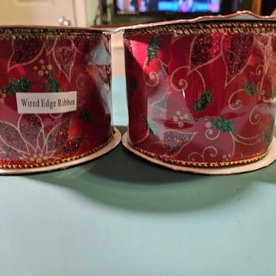 2 Rolls Christmas Ribbon, 2.5 in x 30 ft, Poinsettia - Image 1 of 2