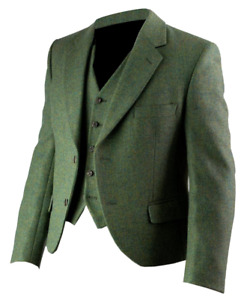Scottish Custom Made Men's Lovat Green Wool Argyle Kilt Jacket With Waistcoat
