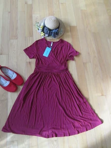 Dress MIDI S MAROON DEEP Red Faux Wrap Empire Stretch RAYON SHORT SLEEVE POCKETS - Picture 1 of 5