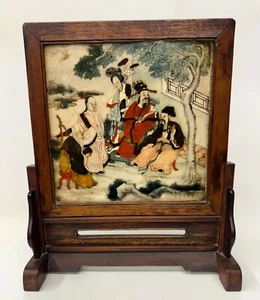 A Chinese wooden table screen with painted marble plaque, 19th C. - Picture 1 of 16