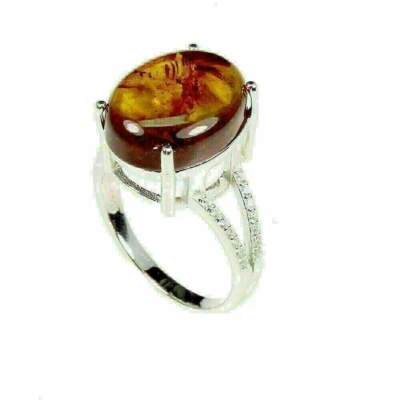 Silver Ring Amber Genuine Natural Gem Solid Sterling Solitaire Size R 1/2 US 9 - Image 1 of 4