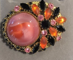 VINTAGE Pink, Orange & Black RHINESTONE BROOCH ORIGINAL BY ROBERT - Picture 1 of 12