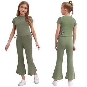 Girls Two Piece Fitness Sweatsuits Summer Outfits Drawstring Tracksuit Workout - Picture 1 of 113