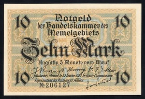 1922 RUSSIA (MEMEL) 10 MARK BANKNOTE - UNCIRCULATED CONDITION - SN: 206127 - P5b - Picture 1 of 2
