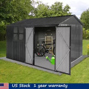 8*10 FT Outdoor Storage Shed Metal Garden Tool Shed Lockable Door w/Window Black - Picture 1 of 8