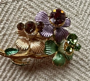 Gold Tone Metal Enamel Green Purple Gold Floral Vintage Estate  Brooch Pin - Picture 1 of 5