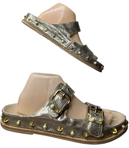 Stuart Weitzman Size 10 Gold Leather Sandals Sandbar Sport Slide Pearl Studs - Picture 1 of 11
