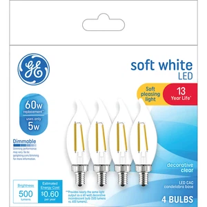 GE LED 60 Watt Light Bulbs Dimmable Soft White CA11 Small Base 13 Year Life 4Pk - Picture 1 of 12