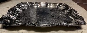 Silverplate Serving Tray Platter Feet Ornate Filigree Leaves 15x14" unmarked - Picture 1 of 24