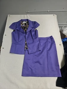Tahari ASL Womens Career Suit Poplin Short Sleeve Jacket Skirt Zip Purple Size 8 - Picture 1 of 9
