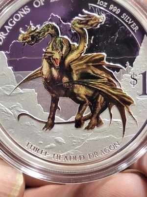 TUVALU 2013 DRAGONS OF LEGEND THREE HEADED DRAGON 1 oz. SILVER COLORED PROOF - Image 1 of 4