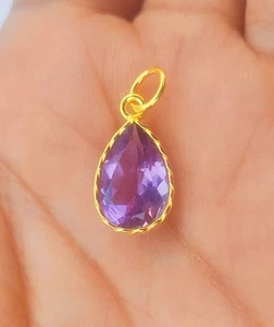 Naturale Ametista Oro Ciondolo -18k Oro Solido Oro Fill Fatto a Mano Collana - Foto 1 di 3