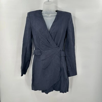 ZARA Linen Blend Wrap Blazer Dress Small Navy Asymmetric Mini Long Sleeve - Image 1 of 4