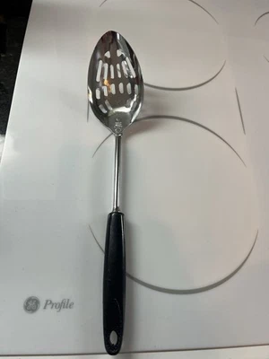 VTG ECKO Slotted Serving Spoon USA 12" Black Plastic Handle Chromium Plated - Image 1 of 4