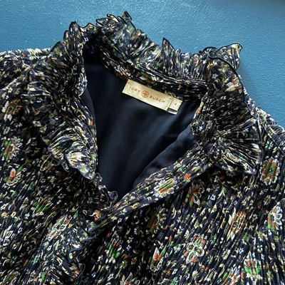 Tory Burch Deneuve напечатано цветочный темно-синий с оборками Hi шеи длинным рукавом подпоясанный размер 0 - Изображение 1 из 4