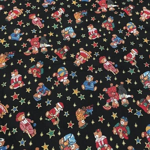 Vintage Kessler Christmas Bears Stars on Black Cotton Fabric by the Half Yard - Picture 1 of 3
