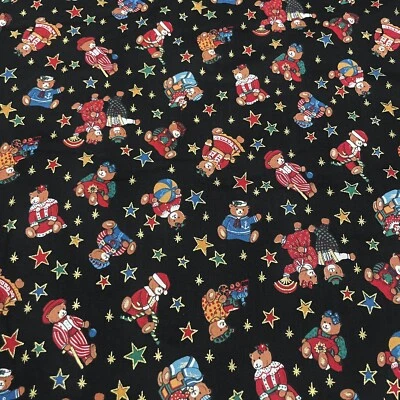 Vintage Kessler Christmas Bears Stars on Black Cotton Fabric by the Half Yard - Image 1 of 3