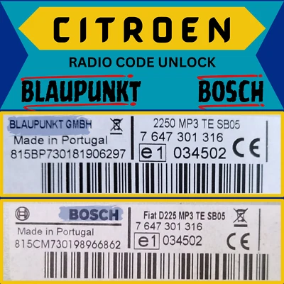 Radio Code Unlock for CITROEN NEMO RELAY XANTIA ZX C3 C4 BLAUPUNKT BOSCH Radio