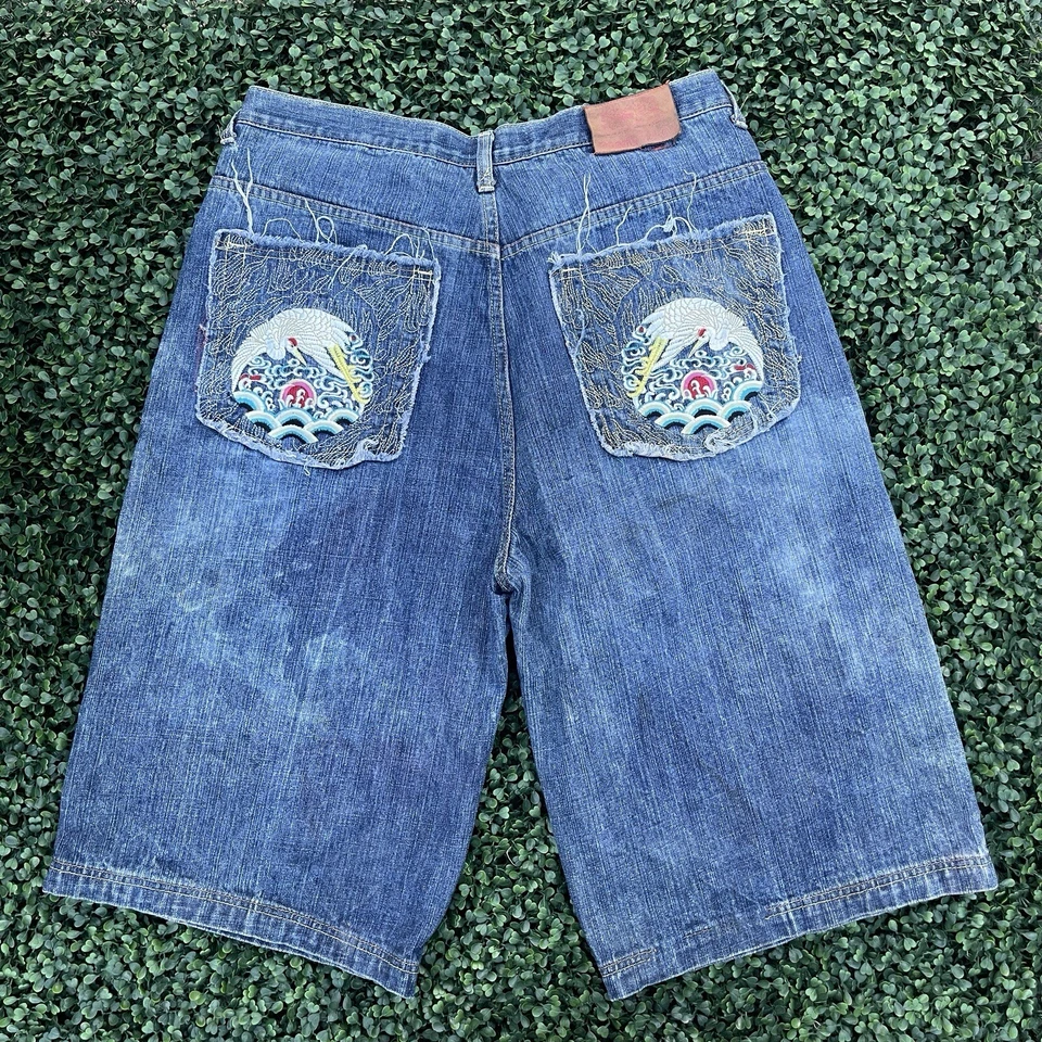 VTG Stone Touch Denim Chinese Bird Embroidered Hip Hop Baggy Shorts Size 38 - Image 1 of 4