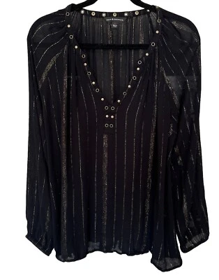 Women’s Metallic Striped Top Night Blouse Black Gold Long Sleeve V-neck Size L - Image 1 of 4